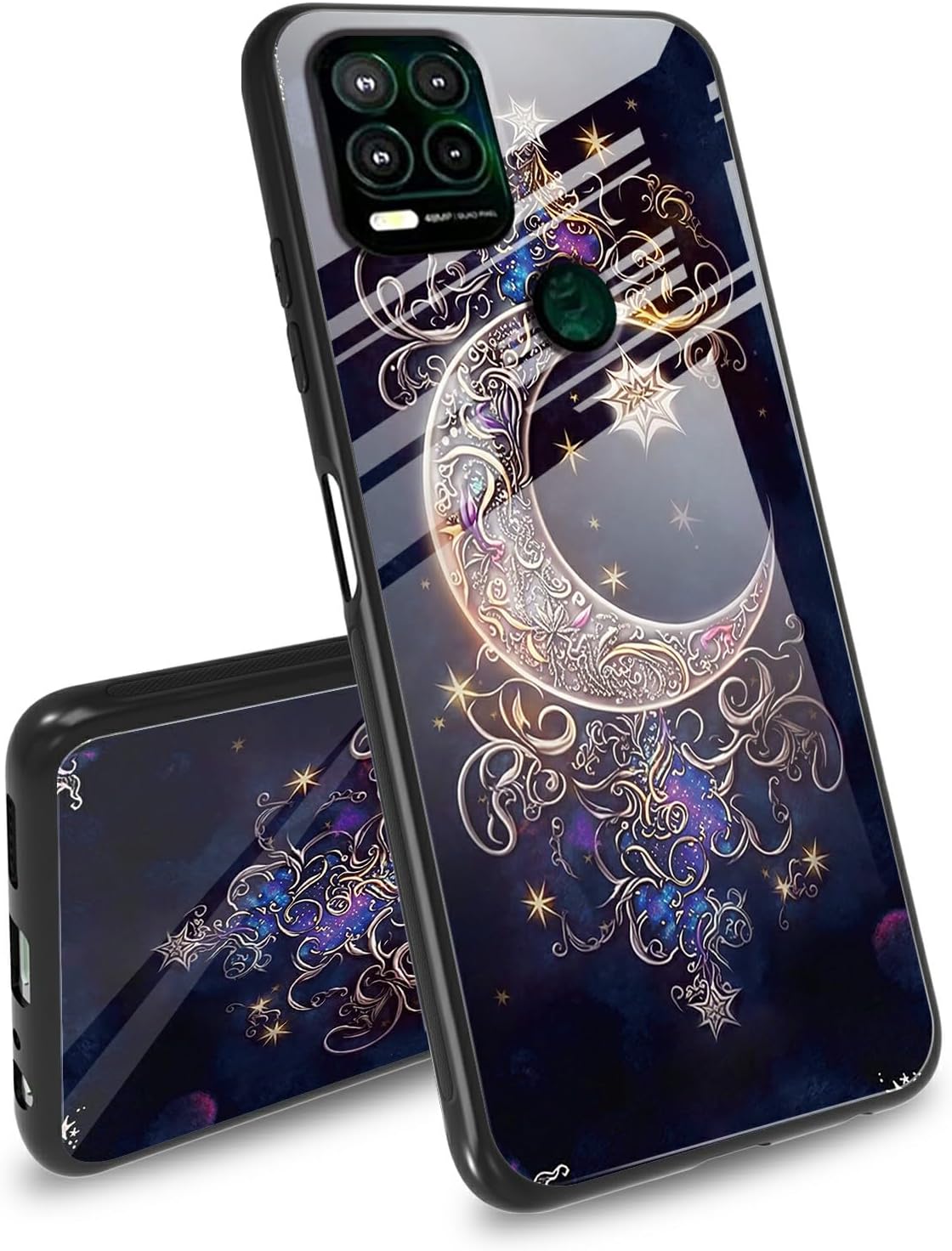 Case for Moto G Stylus 5G 2021,Tempered Glass Back Cover,Side Soft TPU Bumper Cutting Groove Anti-Skid Design Protective Cover for Moto G Stylus 5G 2021,Moon Star Galaxy Floral