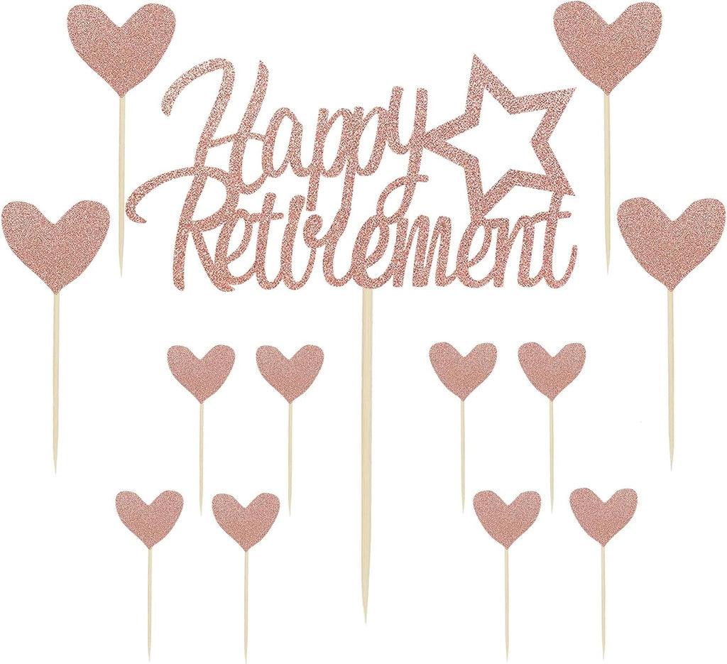 Sotpot 13PCS Rose Gold Glitter Happy Retirement Cake Topper with Heart Cupcake Toppers Retirement Cake Decoration for Retired Party Cake Decoration Party Supplies