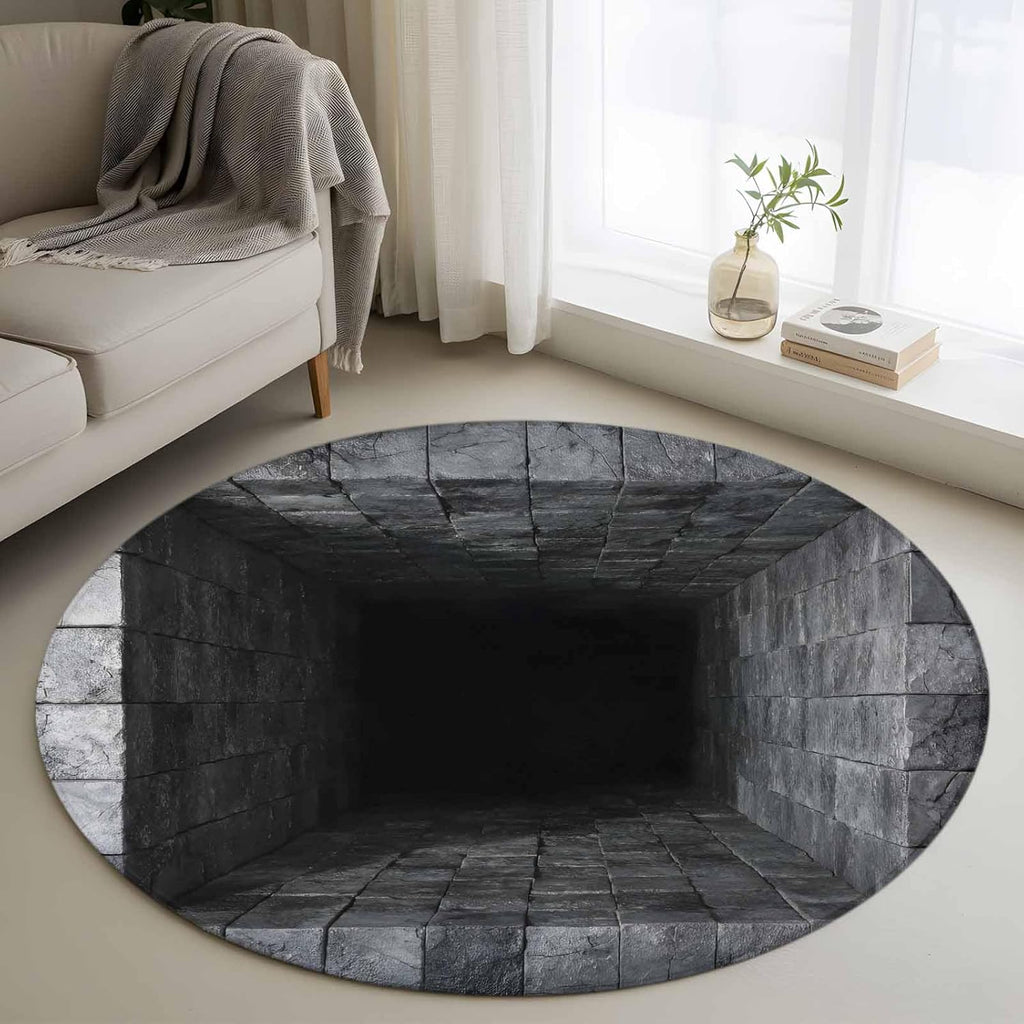 Round Area Rugs Collection 3 Ft, Optical Illusion Non-Slip Residential Carpet, Abstract 3D Black Grey Looks Like Holes Indoor Crawling Mats Doormat Runner Rugs Play Mat for Bedroom