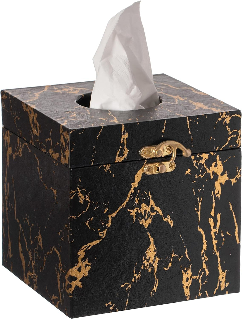Black and Gold Marble Tissue Box Cover for Kleenex Box, Modern Elegant Tissue Box Holder with Lock for Bathroom, Bedroom, and Living Room, Square Shape Toilet Tissue Holder Organizer