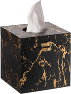 Black and Gold Marble Tissue Box Cover for Kleenex Box, Modern Elegant Tissue Box Holder with Lock for Bathroom, Bedroom, and Living Room, Square Shape Toilet Tissue Holder Organizer