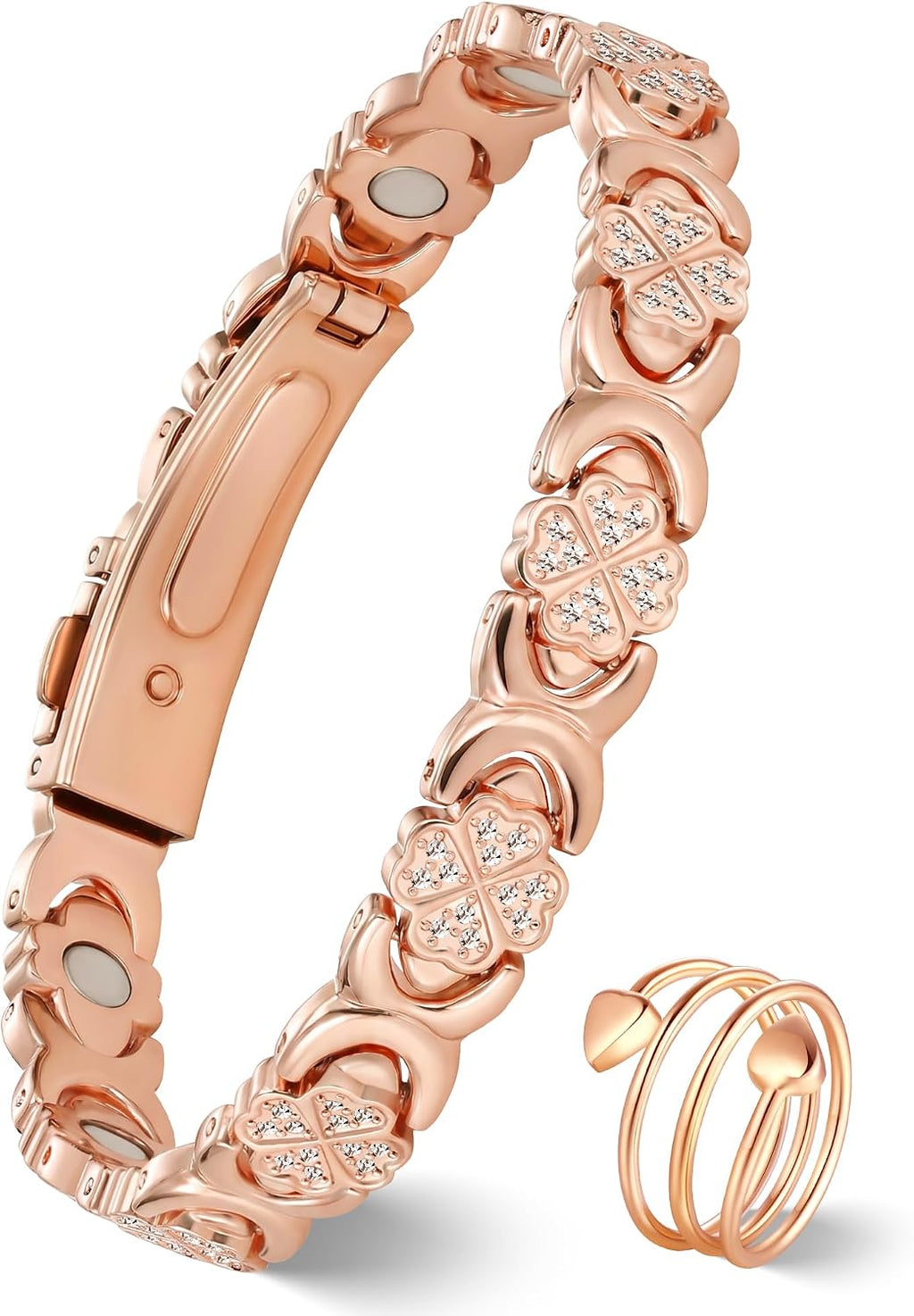 Jeracol Copper Bracelet & Ring for Women, Ultra Strength Magnetic Bracelet with 3800 Gauss Magnets, Four-Leaf Clover & Infinity Heart Symbol & Crystal, Adjustable Tools and Jewelry Gift Box