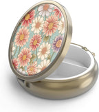 Pill Case Pill Box with Mirror Retro 3 Compartment Small Pill Organizer for Purse or Pocket Bronze Small Roud Pill Box or Vitamins, Fish Oil, Supplements, Pill Containe Travel Gifts（Retro Floral）
