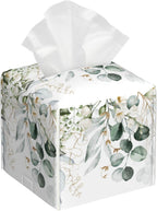 Eucalyptus Leaves and Flowers Tissue Box Cover Square,Watercolor Green Leaves Branches Tissue Box Holder Waterproof Leather Facial Paper Organizer Dispenser for Bathroom Home Car Nightstand Vanity