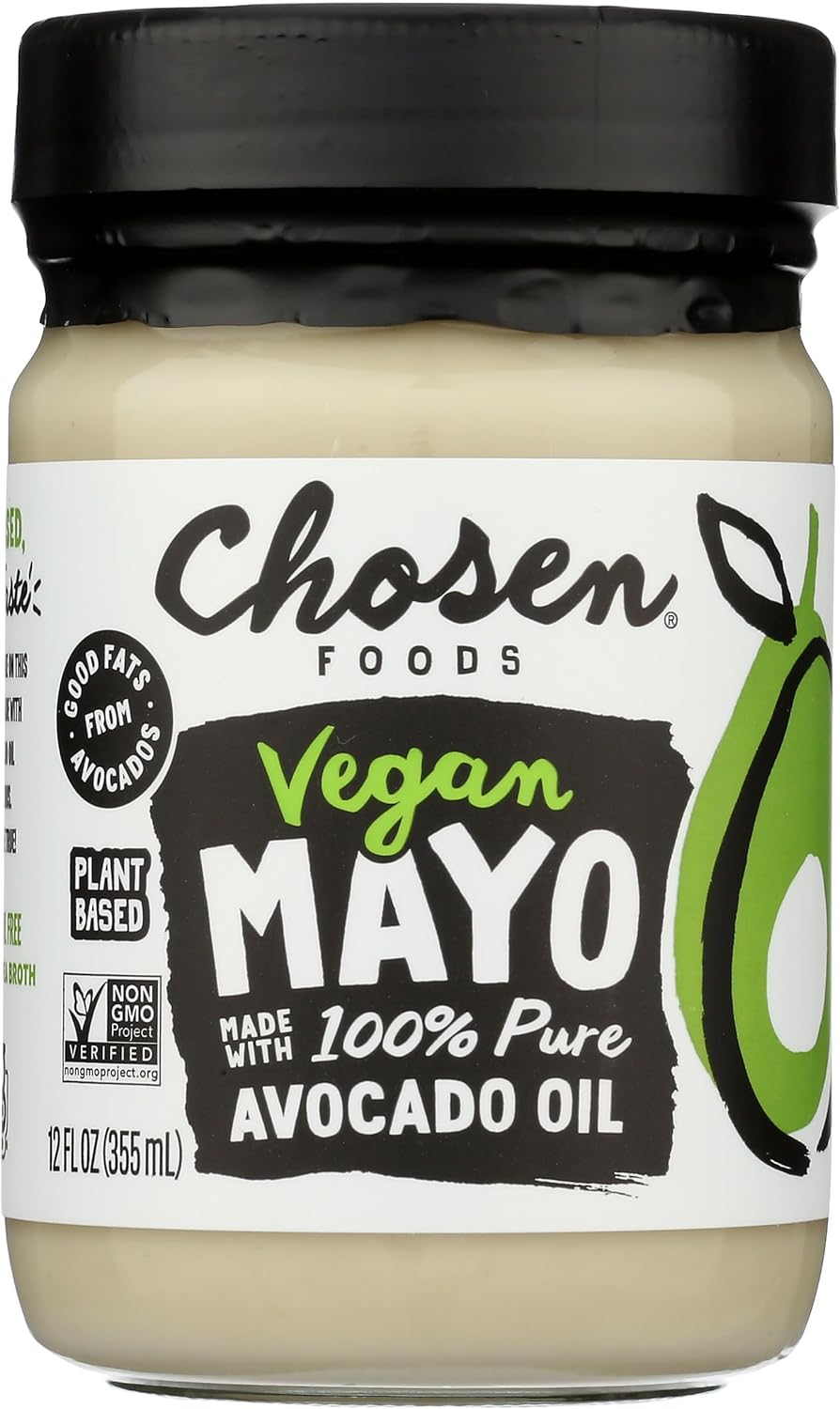 Chosen Foods Classic Vegan Avocado Oil-Based Mayonnaise, Gluten & Dairy Free, Low-Carb, Keto Diet Friendly, Mayo for Sandwiches, Dressings and Sauces (12 fl oz)