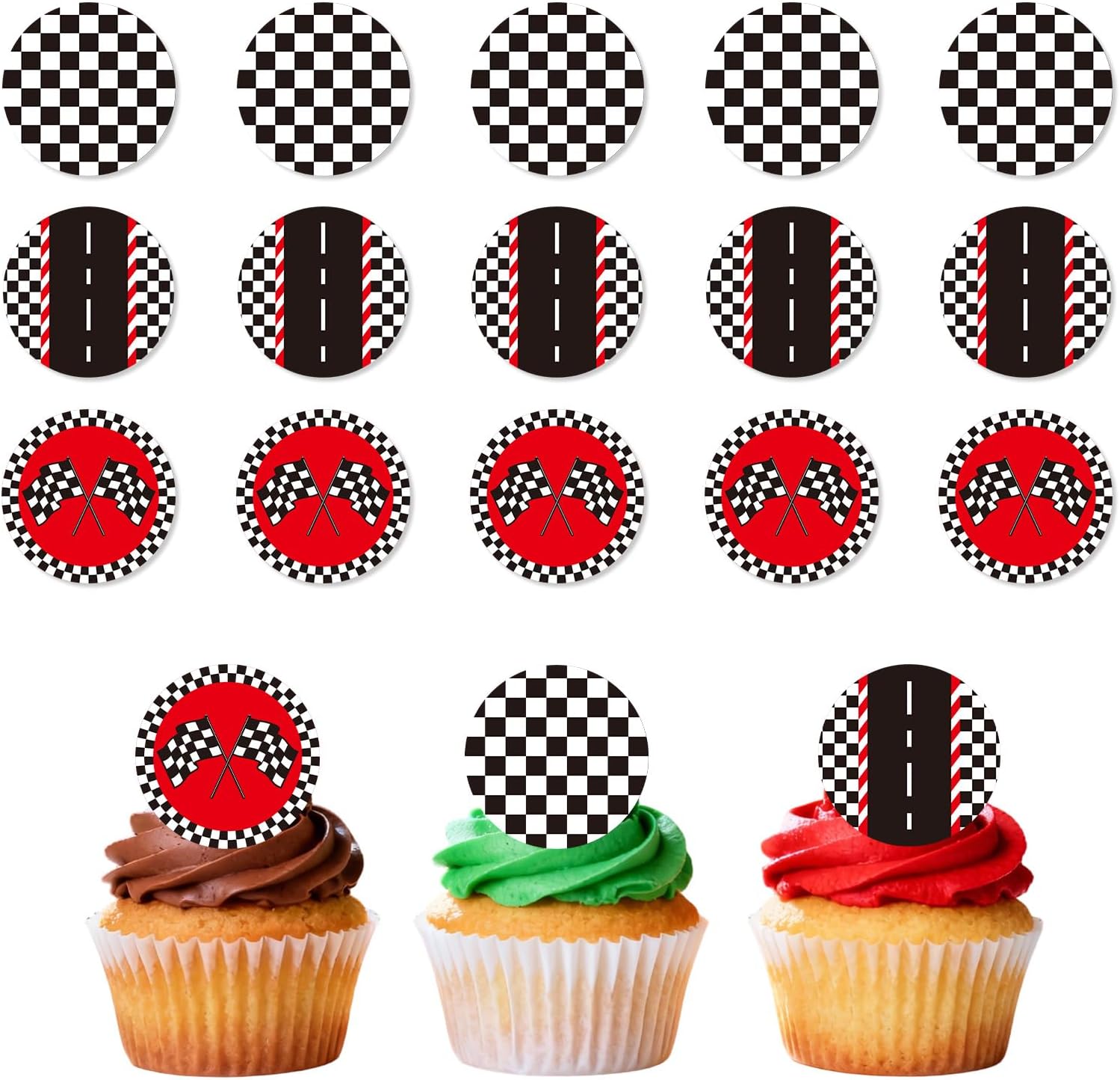 15pcs Edible Race Car Cupcake Toppers, Glutinous Rice Paper Black and White Checkered Cupcake Toppers Pre-Cut Edible Decoration Supplies for Racing Baby Shower Birthday Party