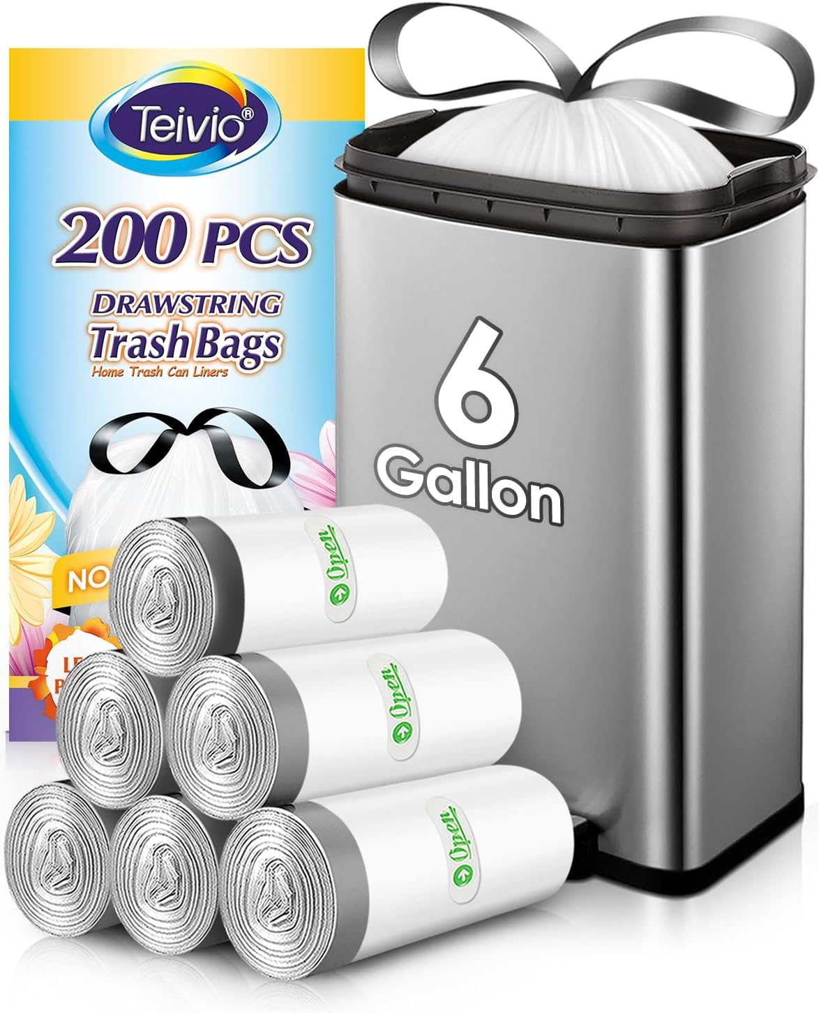 Teivio 6 Gallon 200pcs Strong Drawstring Trash Bags Garbage Bags, Bathroom Trash Can Bin Liners, Plastic Bags for home kitchen office, White