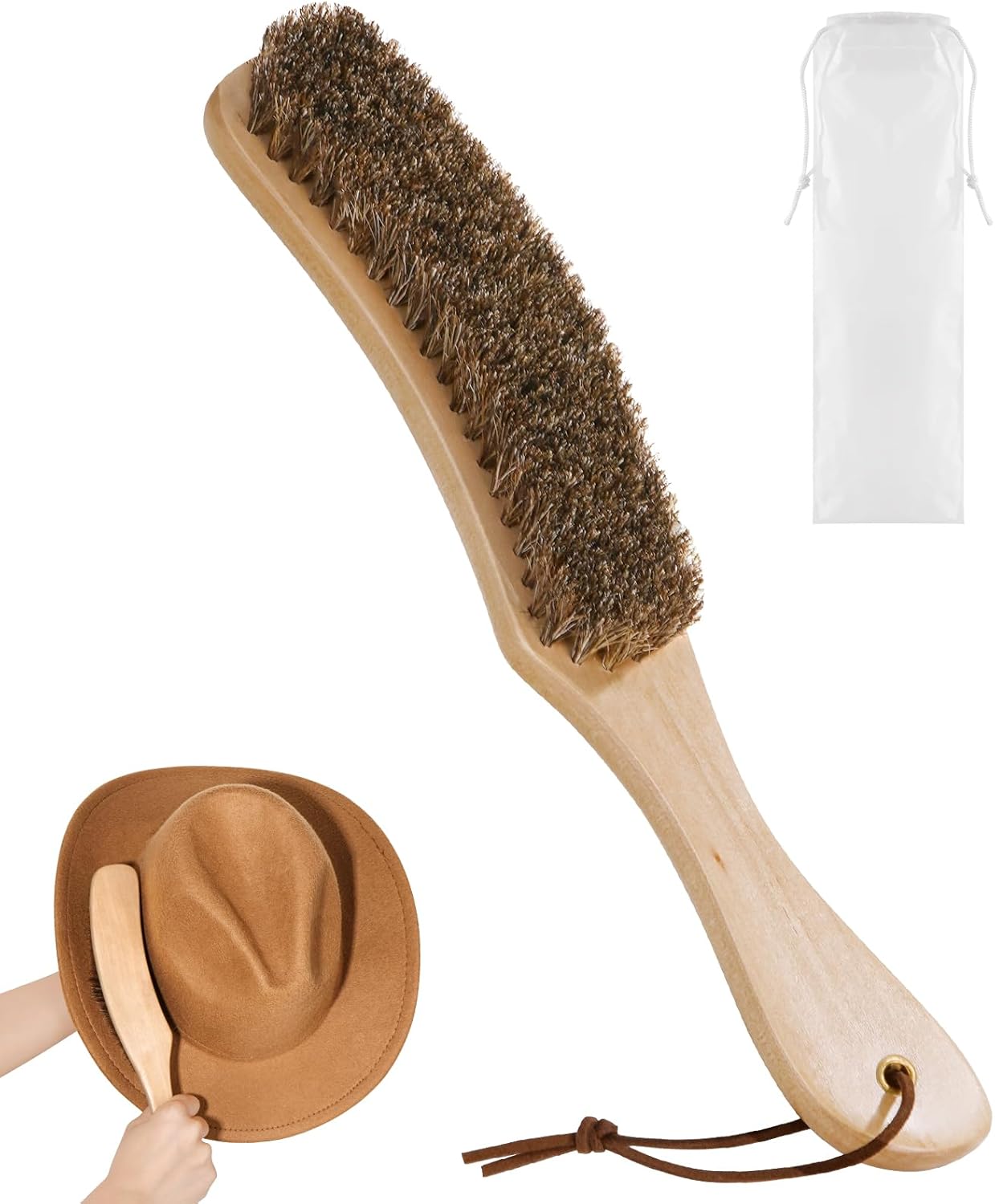Cowboy Hat Brush, 100% Horsehair Brush for Cleaning, Lint Brush Removes Dust, Pet Hair, Cleaning Kit for Suede, Felt Hats, Wool Coats, Suits, Clothes, Shoes, Furniture, Wood Handle with Storage Bag