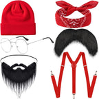 6Pcs Halloween Men's Costume, Men's Comedy Costume, Funny Cosplay Costume Accessories with Glasses, Red Bandana and Beanie hat, Red Y-Shape Suspender, Fake Mustache, for Cosplay Dress Up Party