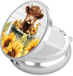Sunflower Highland Cow Pill Case, Pill Box 3 Compartments Metal Small Pill Holder with Mirror Mini Travel Pill Container for Purse Pocket Women Men