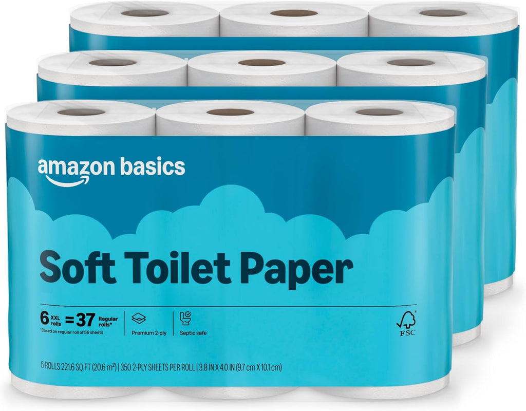Amazon Basics 2-Ply Soft Toilet Paper, 18 Rolls | 3 Packs of 6 | 111 Regular Roll Equivalent