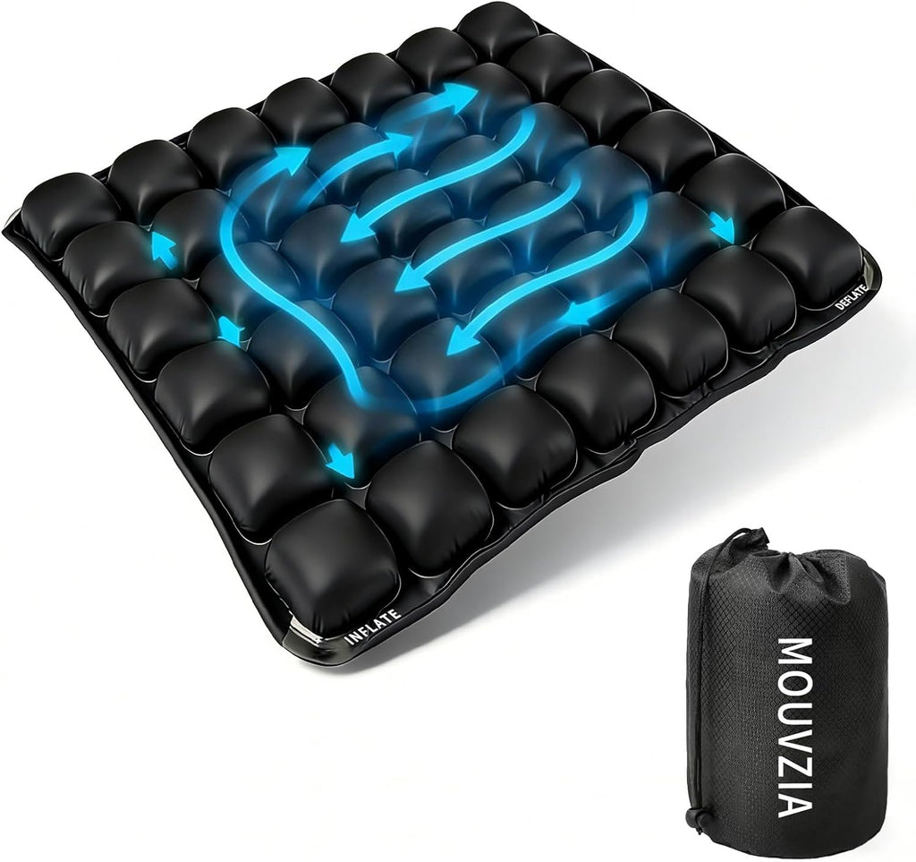 Inflatable Travel Seat Cushion for Airplane: Pressure Relief Seat Cushion with 42 Interconnected Air Cells - Ergonomic Comfort Buttock Supports 380 lb for Wheel Chair/Car/Office/Stadium
