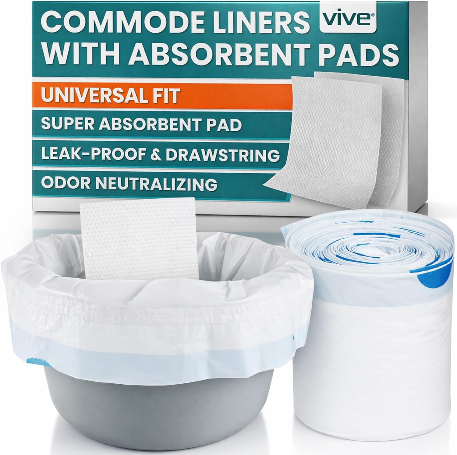 Vive Commode Liners with Absorbent Pads - Portable Toilet Bedside Chair Replacement Bags - Disposable Porta Potty Liners for Bariatric Standard Arm 3 in 1 Folding Buckets - Leakproof (72 Pack)