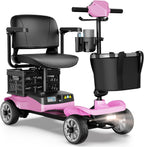 4-Wheel Mobility Scooter for Adults – Foldable Portable Motorized Scooters with 330lbs Capacity, Detachable Battery, Dual Baskets, Cup & Phone Holder, Pink