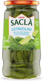 SACLA Pickled Baby Cucumbers | Italian Gherkin Pickles in Vinegar Brine | 10.59 oz Glass Jar | Crunchy & Tangy Antipasto | Non-GMO Vegan | Imported from Italy