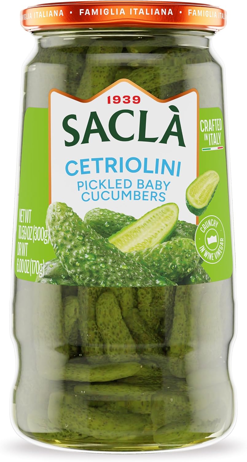 SACLA Pickled Baby Cucumbers | Italian Gherkin Pickles in Vinegar Brine | 10.59 oz Glass Jar | Crunchy & Tangy Antipasto | Non-GMO Vegan | Imported from Italy
