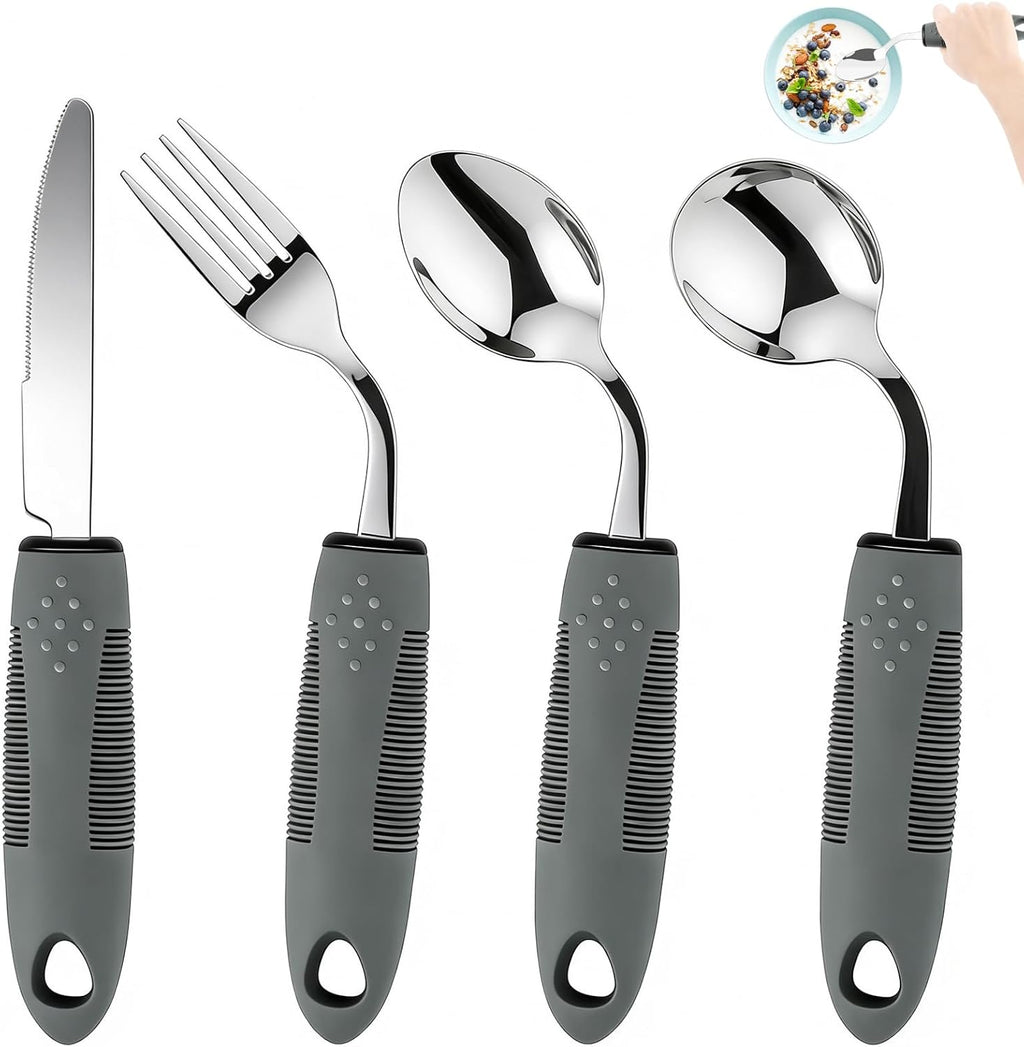 KintKita Adaptive Utensils for Elderly 4 Piece, 2.9 oz Weighted Silverware for Hand Tremors, 45°Angled Parkinsons Utensils for Elderly, Arthritis, Weak Hand Grip, Right-Handed Use