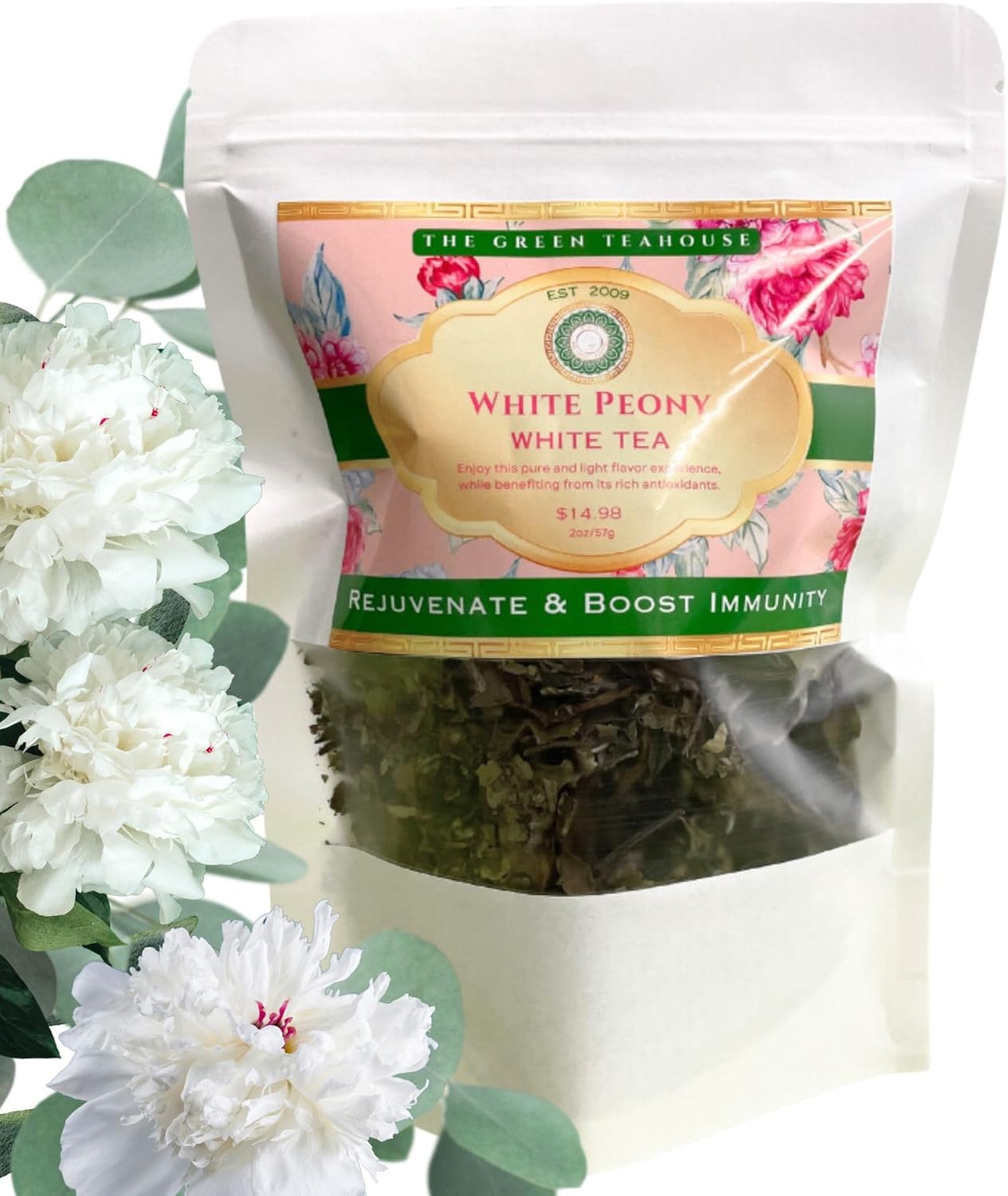 Organic Rejuvenating White Peony Floral Tea, 2 OZ Resealable Packet, Low Caffeine.