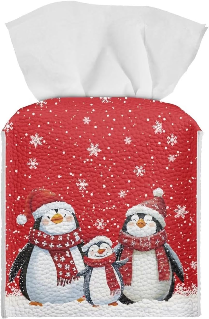 Christmas Penguin Tissue Box Cover Square Leather Tissue Holder Container for Bathroom Red Xmas Paper Box Holder Decorative Organizer for Tabletop