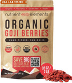Nutrient Elements Goji Berries – 2 lb/32 oz – USDA Organic, Raw, Sun-Dried, Hand-Picked – Extra Large Dried Berries – Resealable Bag – Naturally Grown, No Additives