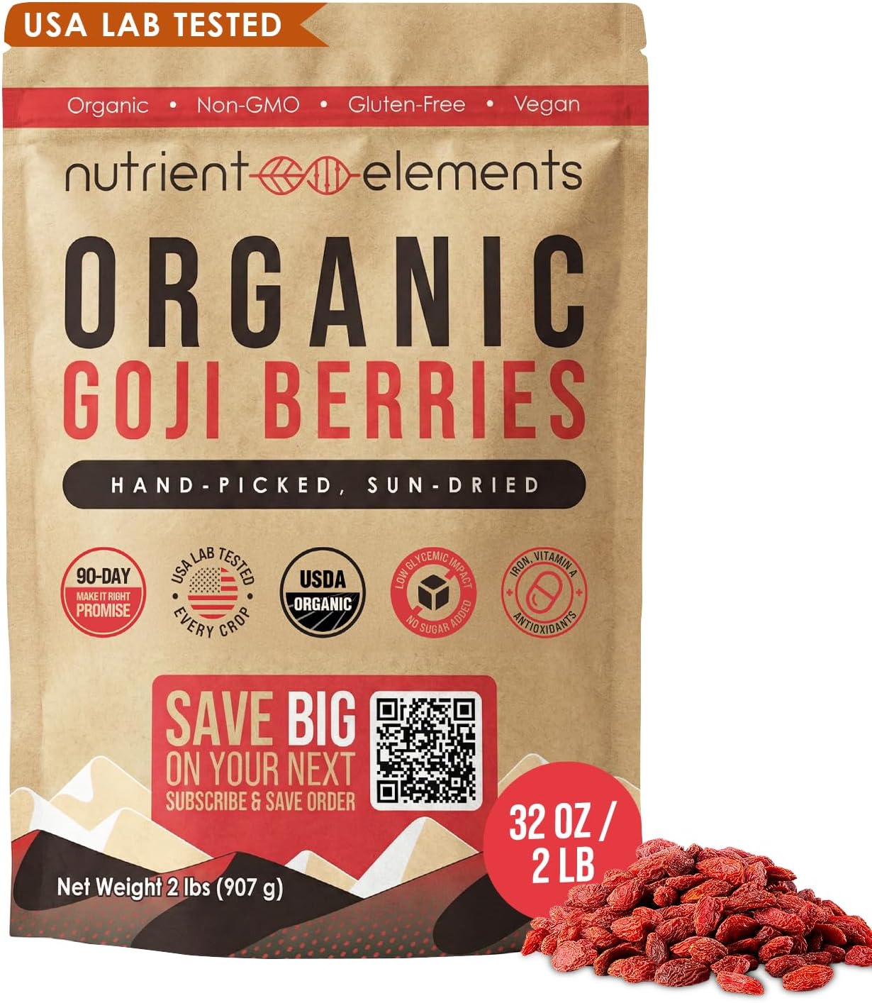 Nutrient Elements Goji Berries – 2 lb/32 oz – USDA Organic, Raw, Sun-Dried, Hand-Picked – Extra Large Dried Berries – Resealable Bag – Naturally Grown, No Additives