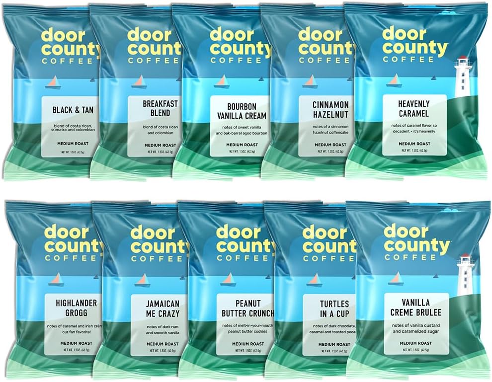 Gourmet Flavored Coffee Sampler Pack - 10 Bags of Unique Flavored Coffees – 100% Specialty Grade 1 Arabica -1.5 oz Full-Pot Bags - Roasted by Door County Coffee