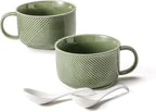 Microwave Soup Bowls with Handles: 38 Ounce Extra Large Ceramic Soup Mug with Handle & Spoon - Oversized Ramen Bowl Set of 2, 6 Inch, Green