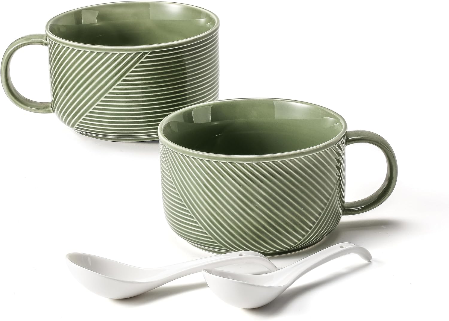 Microwave Soup Bowls with Handles: 38 Ounce Extra Large Ceramic Soup Mug with Handle & Spoon - Oversized Ramen Bowl Set of 2, 6 Inch, Green