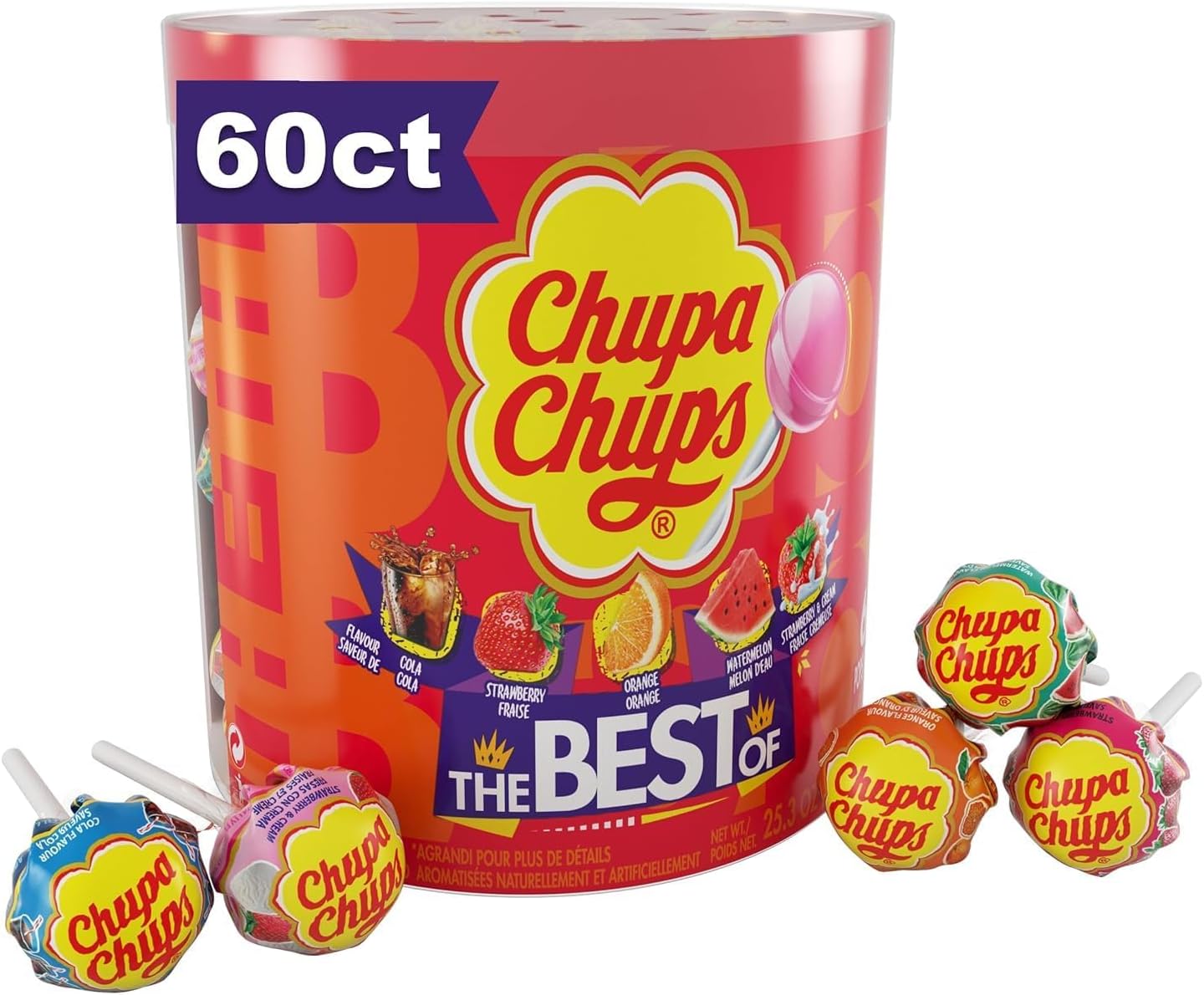Chupa Chups Best Of Lollipop Assortment, Five Flavors, Easter Candy, Easter Basket Essentials Stuffers for Kids and Adults, Individually Wrapped, 25.3 Ounce Drum (60 Suckers)