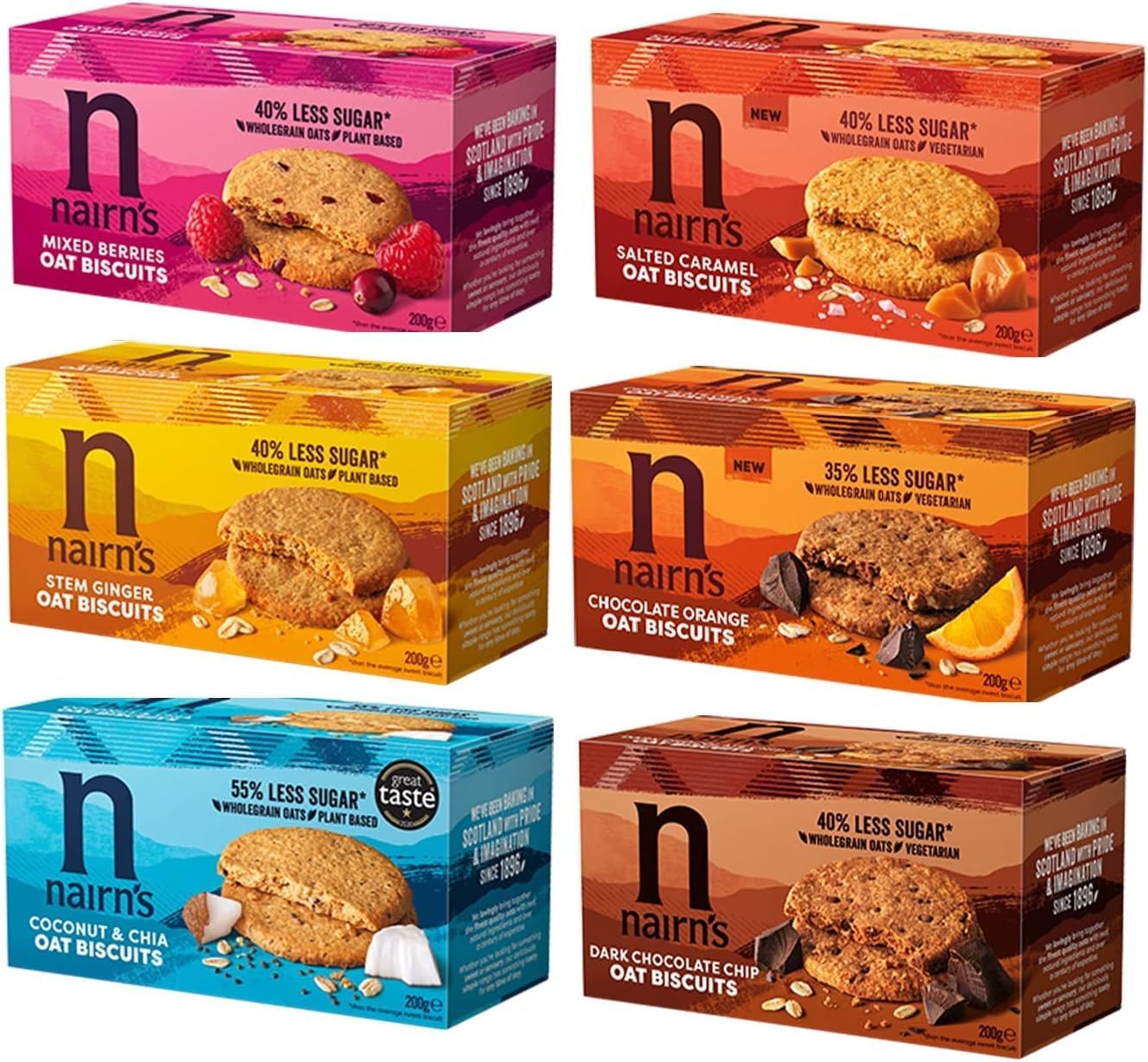 Nairn's Oat Biscuits Variety Pack - Dark Chocolate Chip/Stem Ginger/Chocolate & Orange/Mixed Berries/Salted Caramel/Coconut & Chia Seeds, Pack of 6