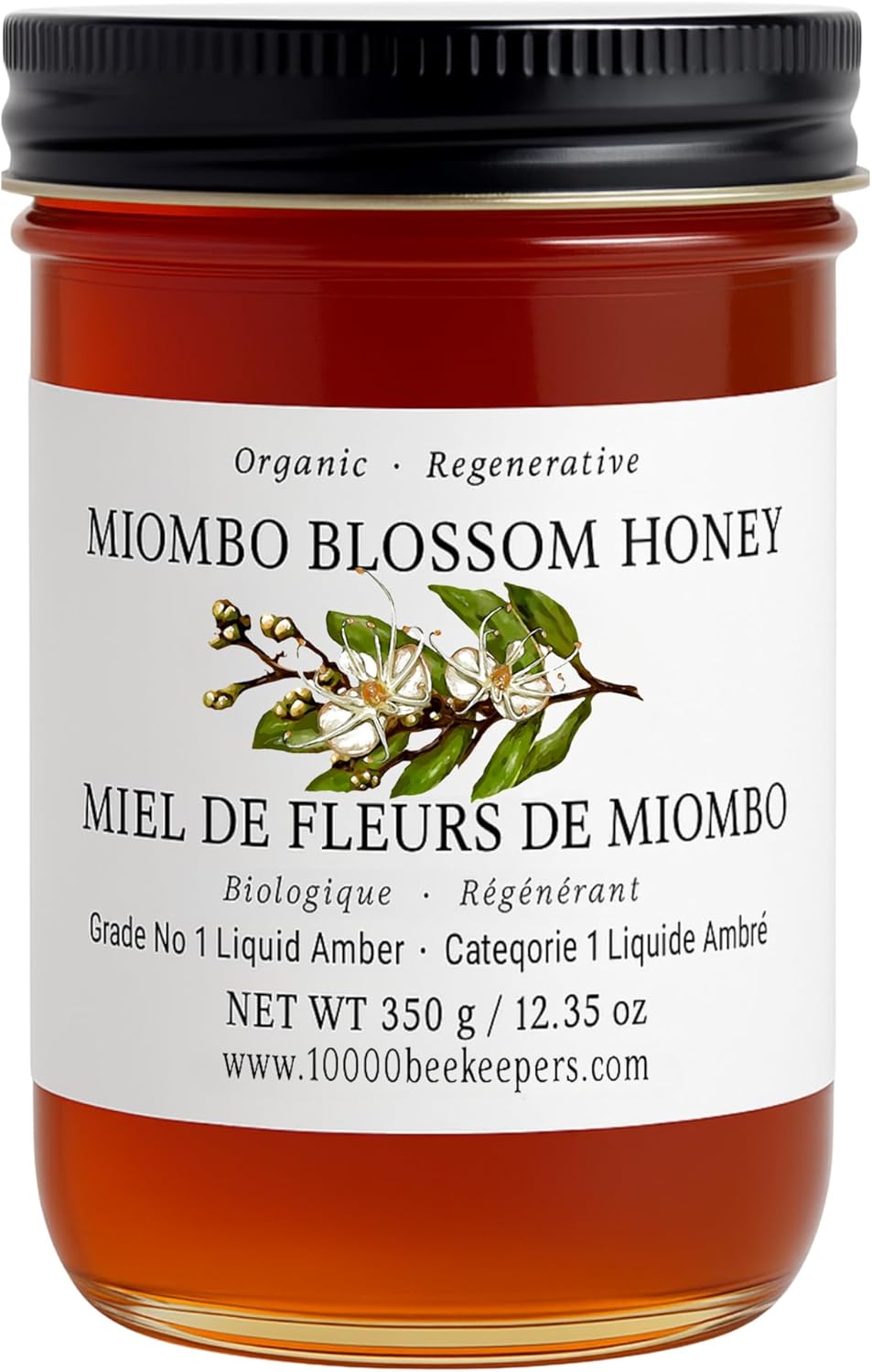 Miombo Blossom Organic Raw Honey in Glass Jar, Multifloral Organic Honey Harvested from Wild Raw Honeycomb, Unpasteurized Miel Cruda, 12.35oz