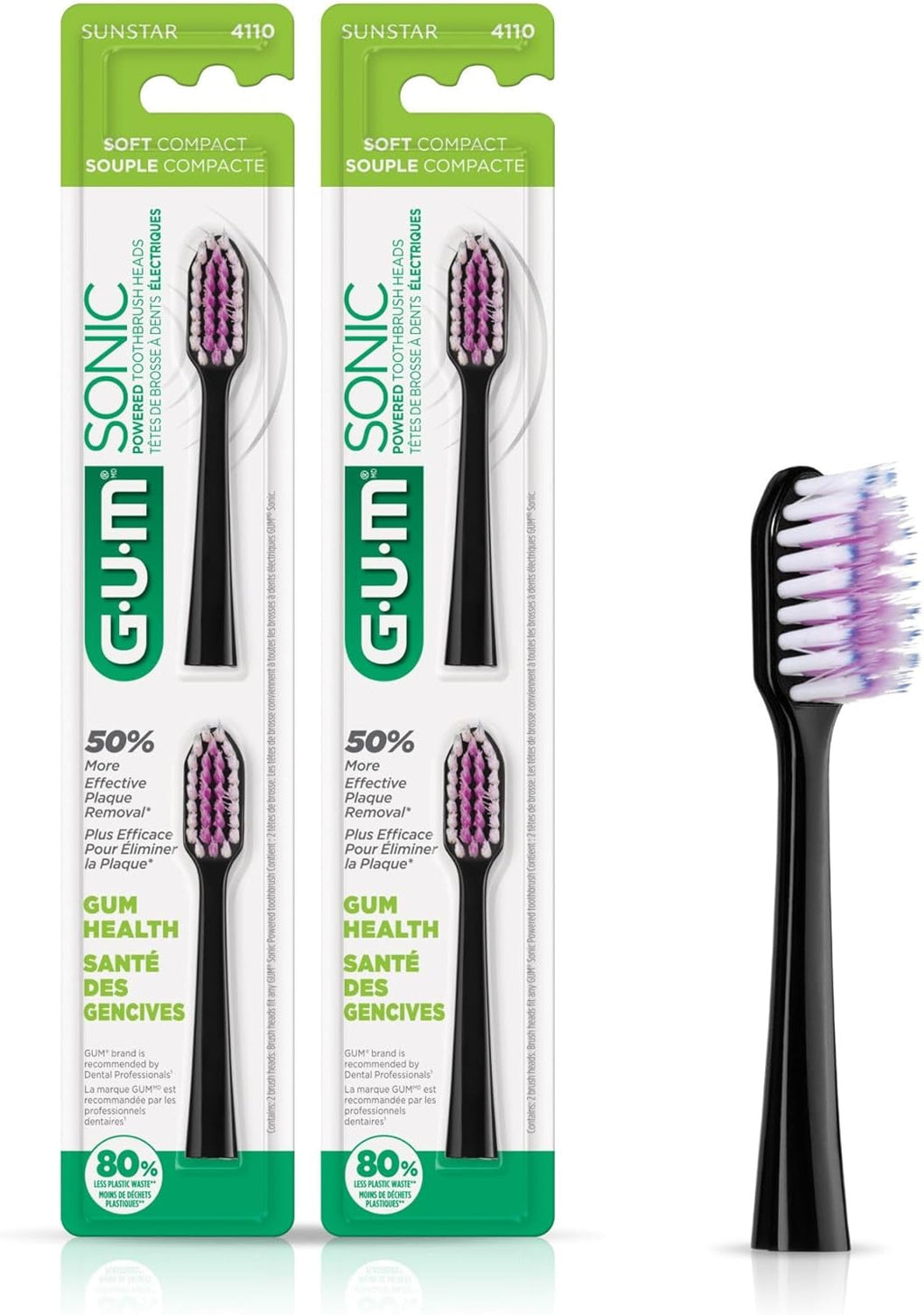 GUM Sonic Powered Toothbrush Refills, Tapered Bristles Clean Below The Gumline, Black 2 Count (Pack of 2)