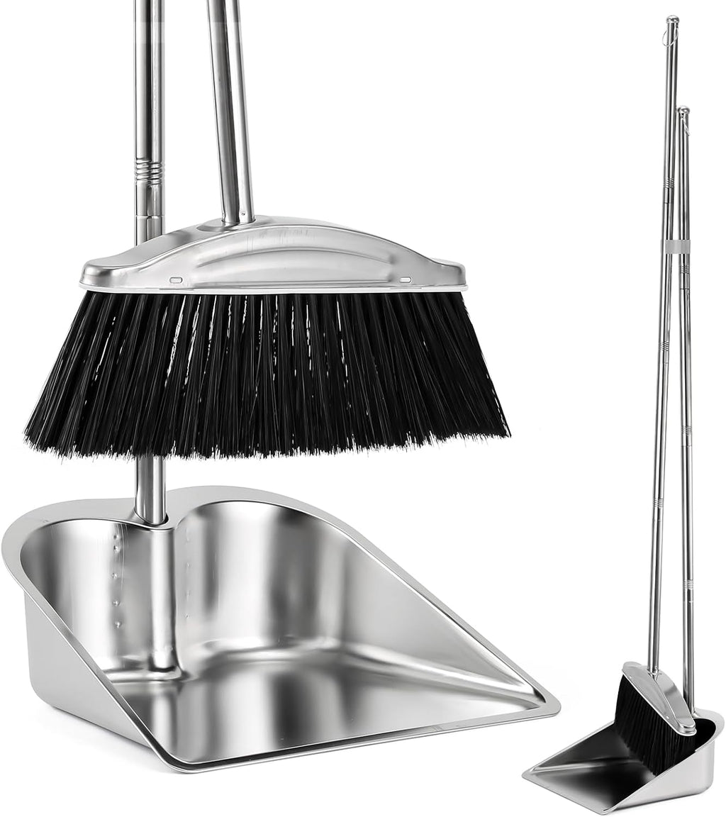 VOOWO Broom with Dustpan Combo Set, 46" Stainless Steel Broom and Dustpan Set for Home, Heavy Duty Dust Pan with Long Handle, Broom for Sweeping Indoor and Outdoor, Kitchen Broom and Dust Pan (Black)