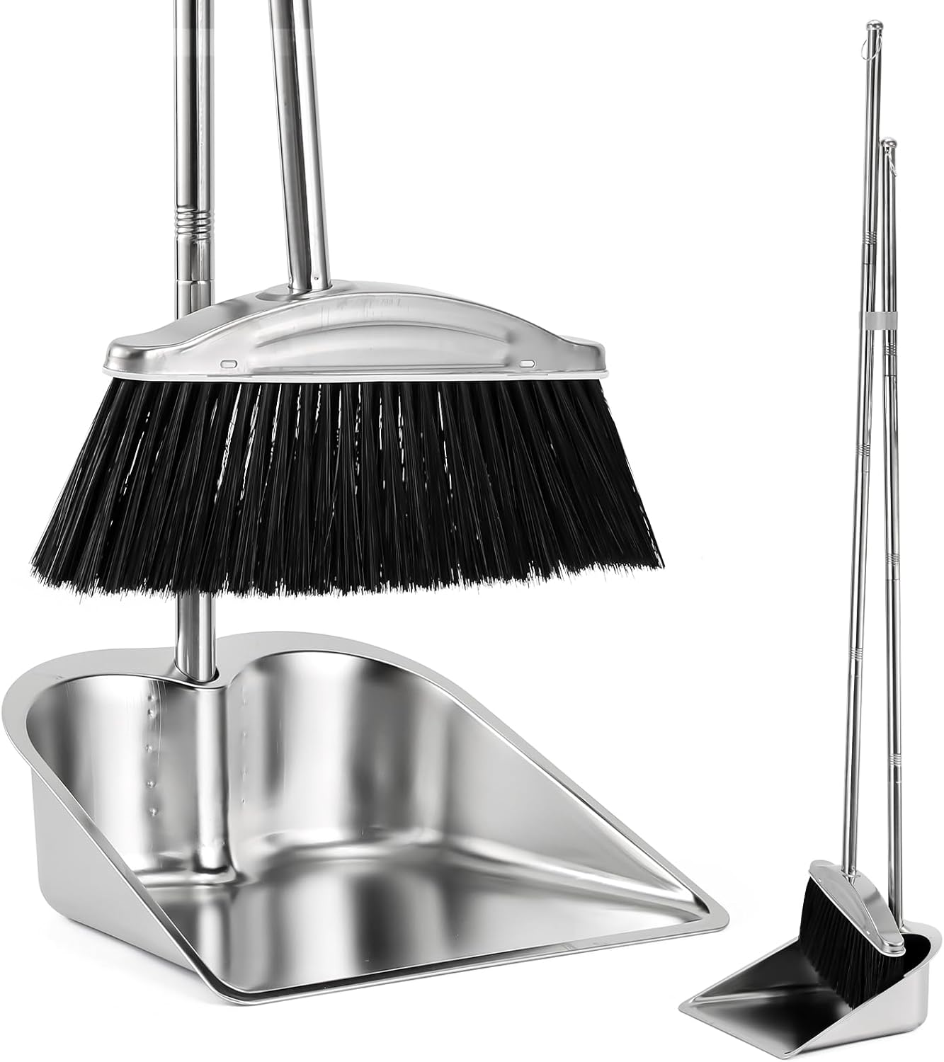 VOOWO Broom with Dustpan Combo Set, 46" Stainless Steel Broom and Dustpan Set for Home, Heavy Duty Dust Pan with Long Handle, Broom for Sweeping Indoor and Outdoor, Kitchen Broom and Dust Pan (Black)