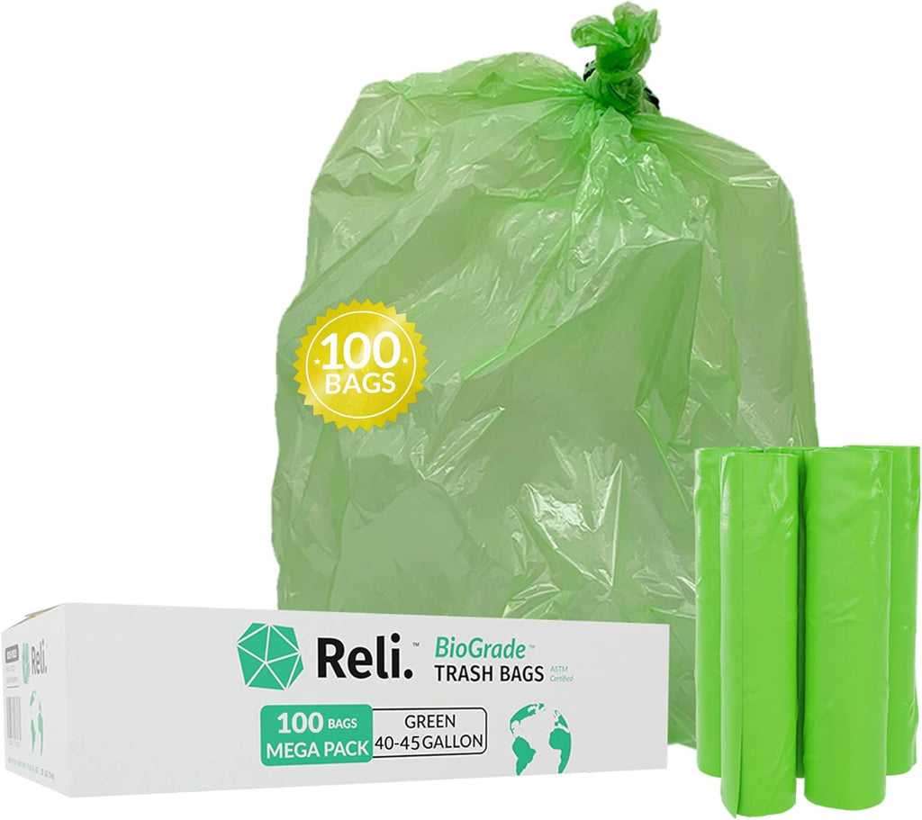 Reli. Biodegradable 40-45 Gallon Trash Bags | 100 Count | ASTM D6954 | Green | Eco-Friendly | Oxobiodegradable Under Certain Conditions (See Product Description)