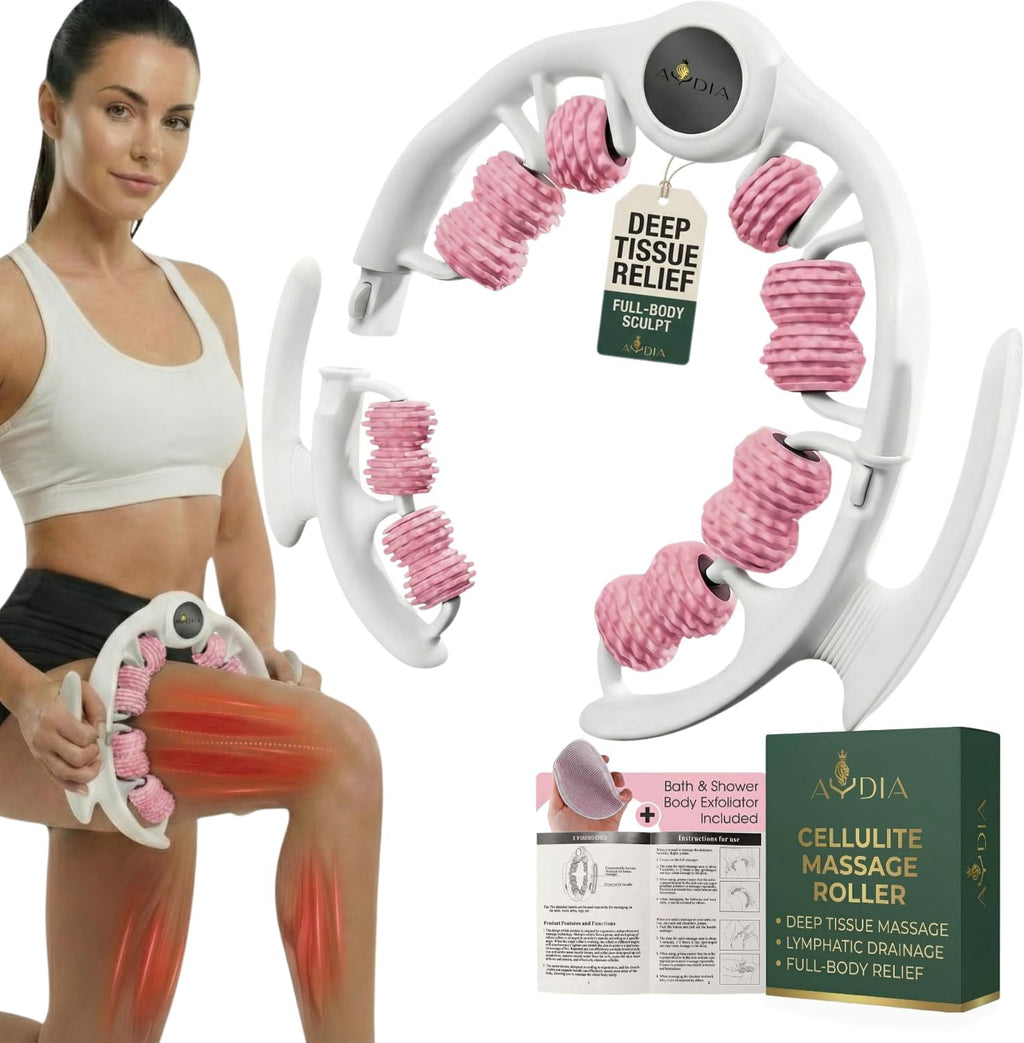 Cellulite Massage Roller, Fascia Blaster, Lymphatic Drainage Massager, Relieve Muscle Soreness, Body Sculpting Tool with Detachable Handles for Thighs, Legs, Buttocks, Gift Exfoliating Brush (Pink)