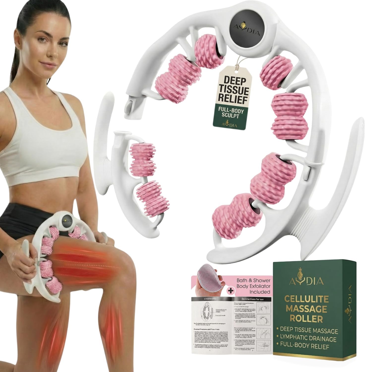 Cellulite Massage Roller, Fascia Blaster, Lymphatic Drainage Massager, Relieve Muscle Soreness, Body Sculpting Tool with Detachable Handles for Thighs, Legs, Buttocks, Gift Exfoliating Brush (Pink)
