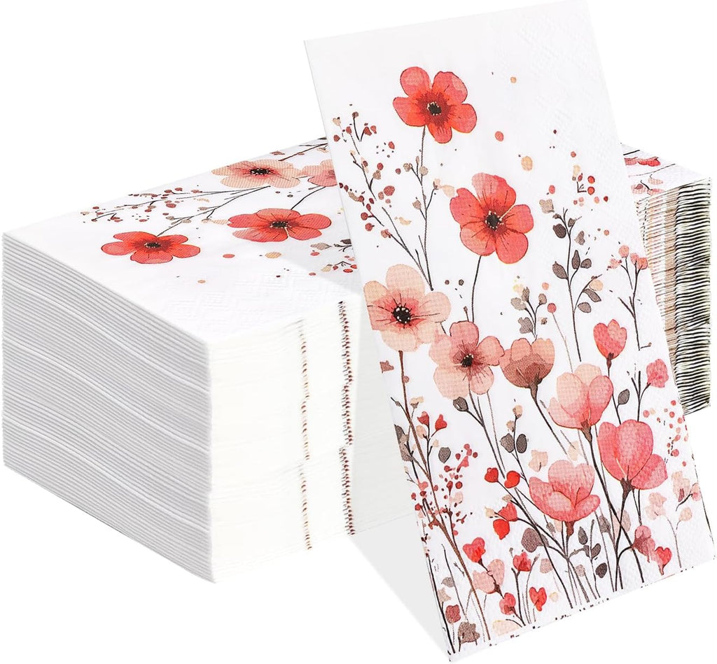 HEIPINIUYE 50 Pieces 3-ply Spring Floral Paper Napkins Red Flower Guest Napkins Disposable Hand Towels for Bathroom Wedding Birthday Valentines Party Dinner Napkins