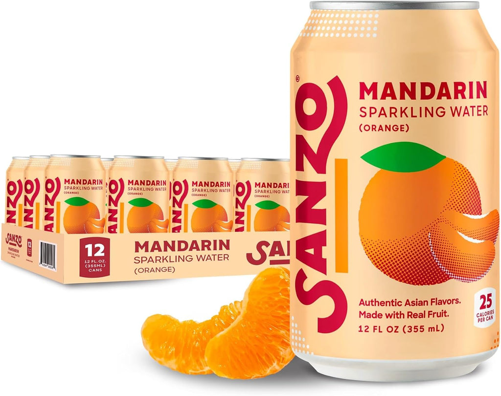 Sanzo Flavored Sparkling Water - Mandarin Orange Seltzer - Low Calorie Low Sugar - Craft Asian Drinks - Vegan Gluten Free Carbonated Flavored Water - Fizzy Healthy Drinks - 12oz, 12 Pack