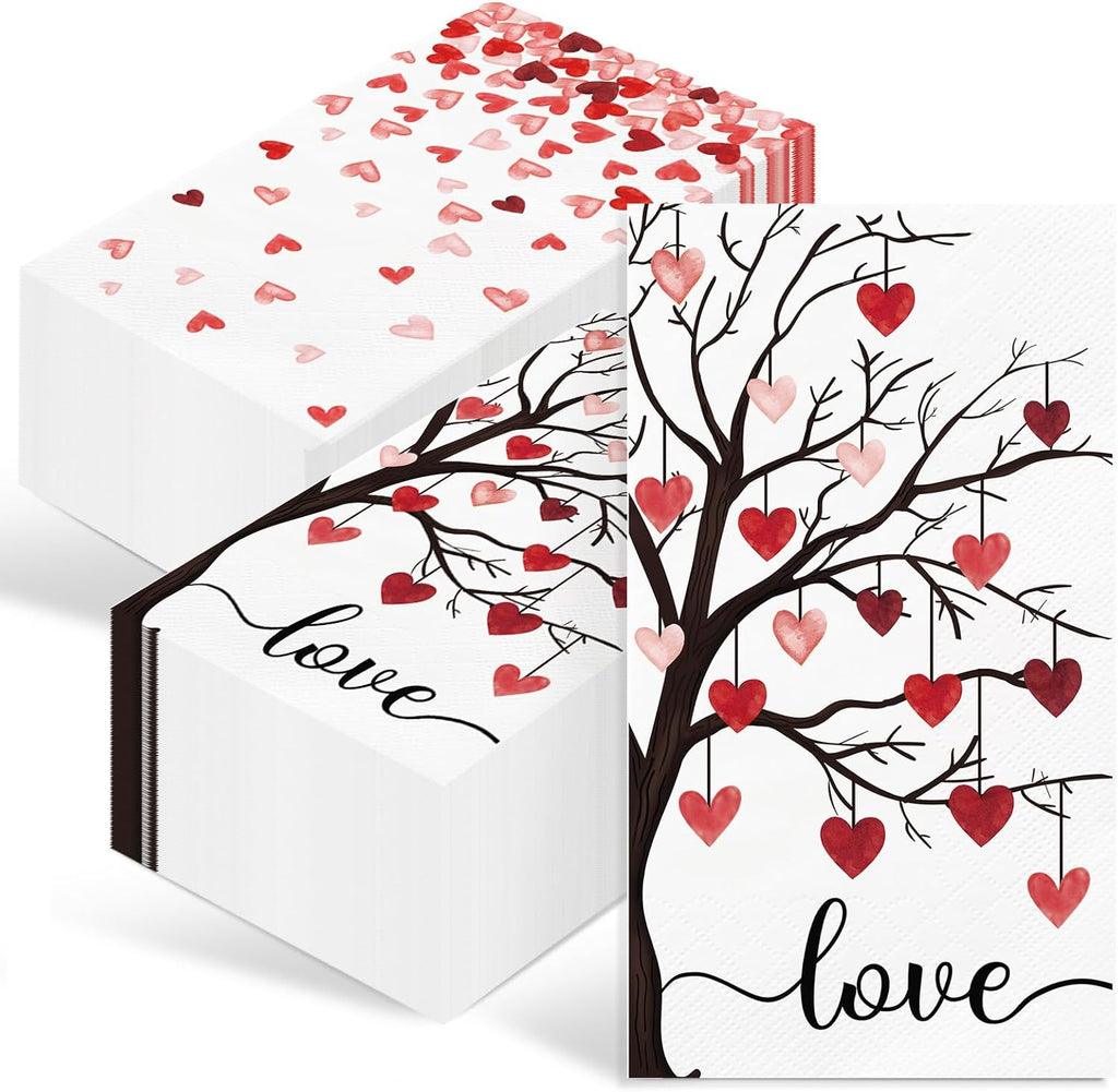 IANFEPH 100 Pcs Romantic Red Heart Napkins 3 Ply Disposable Paper Guest Hand Towels Valentine's Day Cocktail Party Napkins Decorative Love Heart Tree Napkins for Wedding Anniversary Birthday Supplies