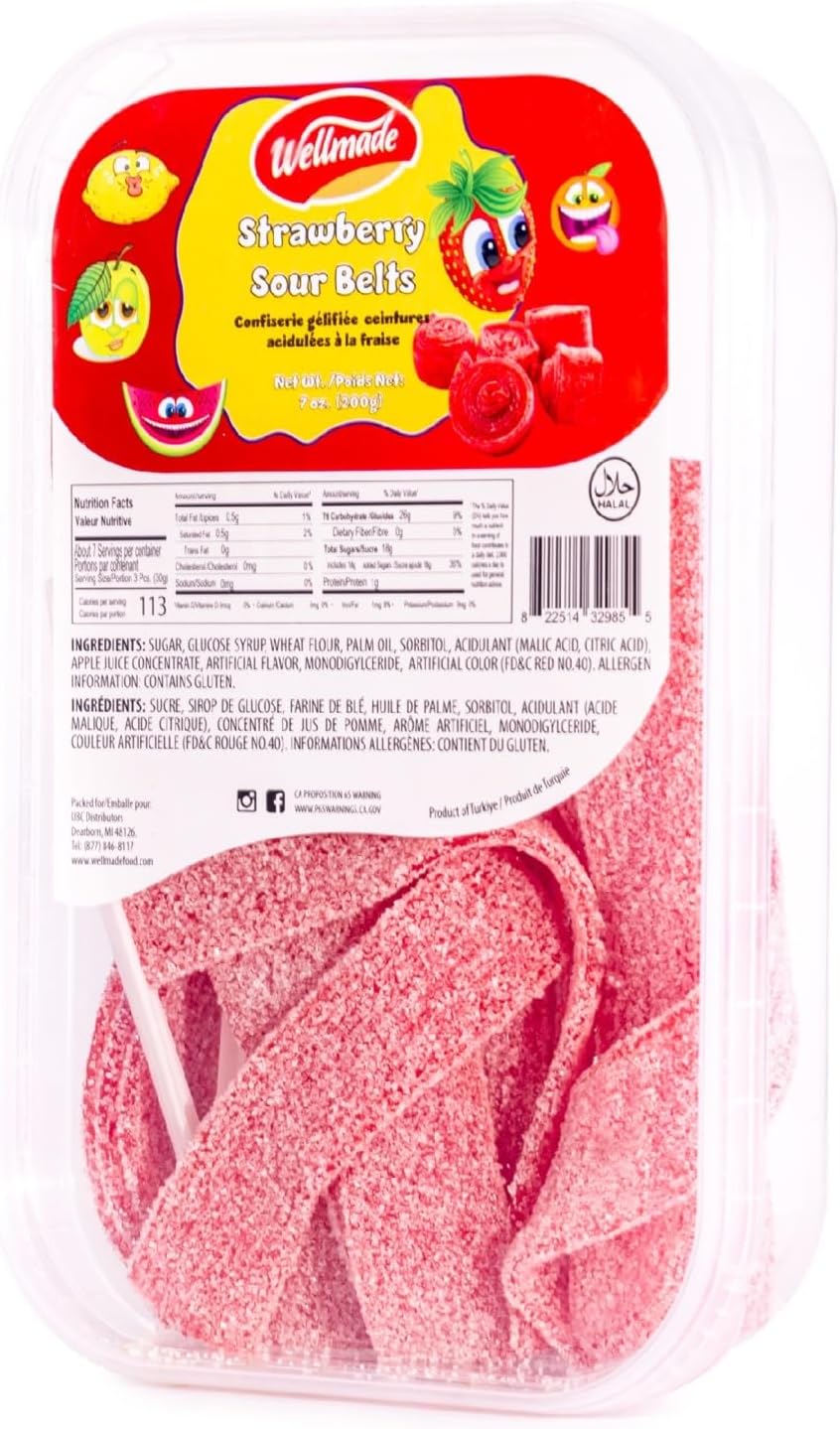 Strawberry Sour Belts Candy Wellmade's, HALAL. (200G)