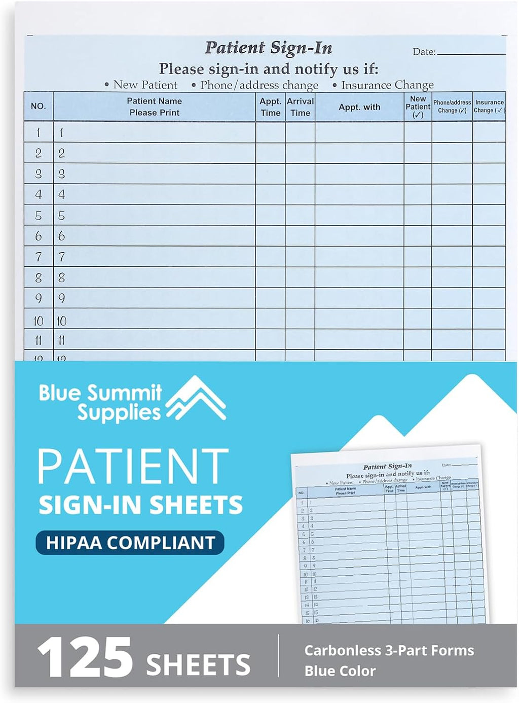 Blue Summit Supplies 125 Patient Sign in Sheets, HIPAA Compliant, Peel Off Adhesive Labels Carbonless 3 Part Forms with, for Privacy in Doctor, Medical, Dental Office, Blue, 125 Pack
