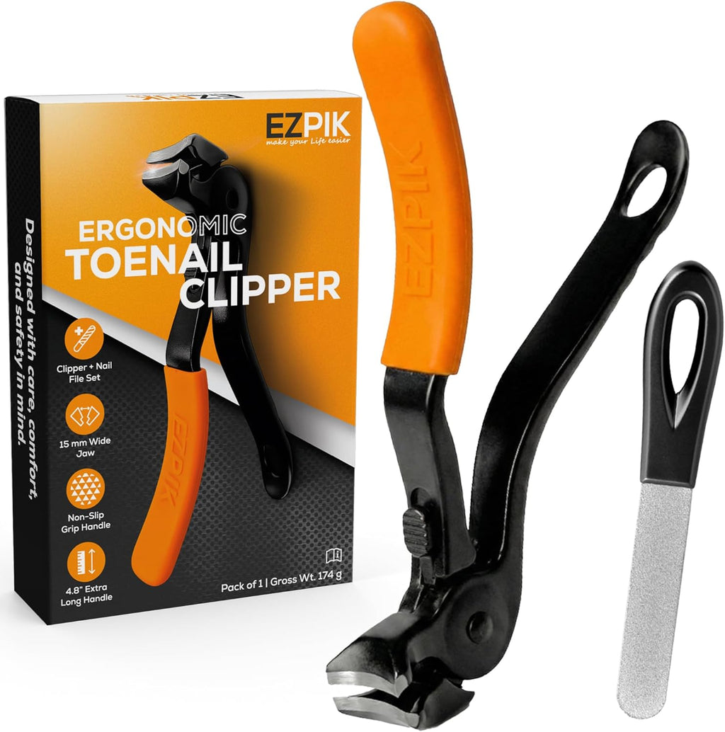 EZPIK Thick Toe Nail Clippers for Seniors with Nail File Set, Ergonomic Nail Cutter with 4.8” Long Handle, Angled Head & Stainless Steel Blades, Comfortable Toenail Clippers for Weak & Arthritic Hands