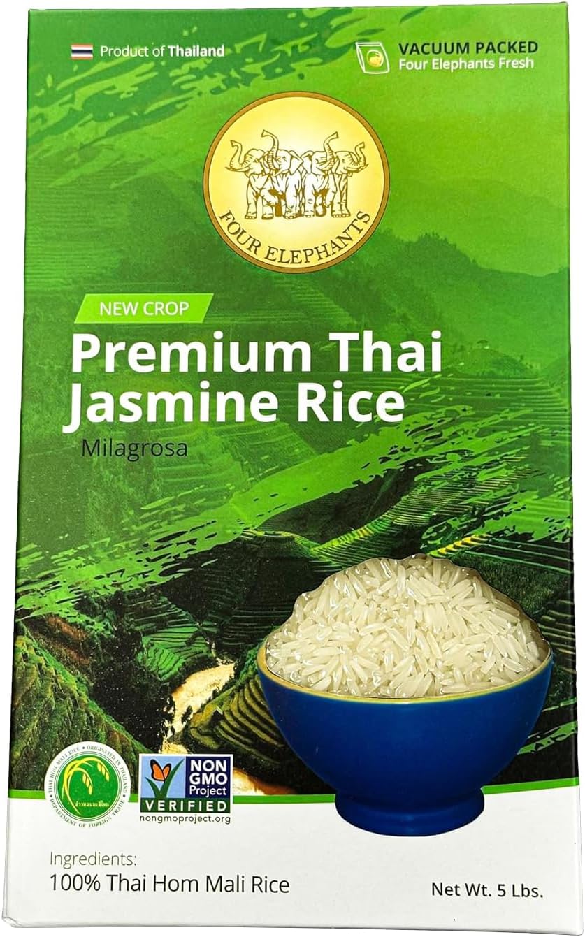 5 Pounds (LBS) Premium Thai Hom Mali Jasmine Rice | Endorsed By Pro Chefs | Four Elephants Brand | DIY Friendly Cooking Instructions Packaging