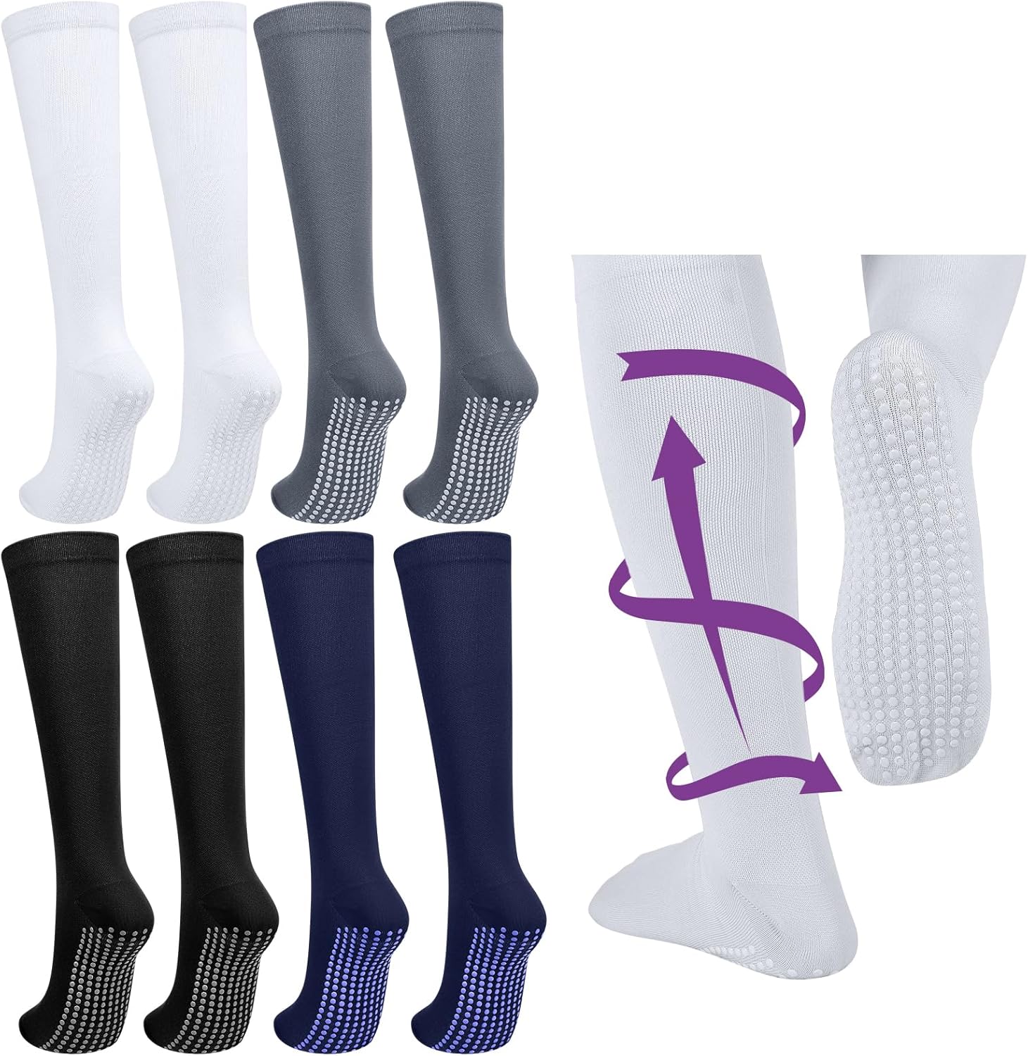 Chicingyou 4 Pairs Non Slip Compression Socks for Women Men 20-30mmhg Knee High Socks with Grips for Pregnant Nurses Edema