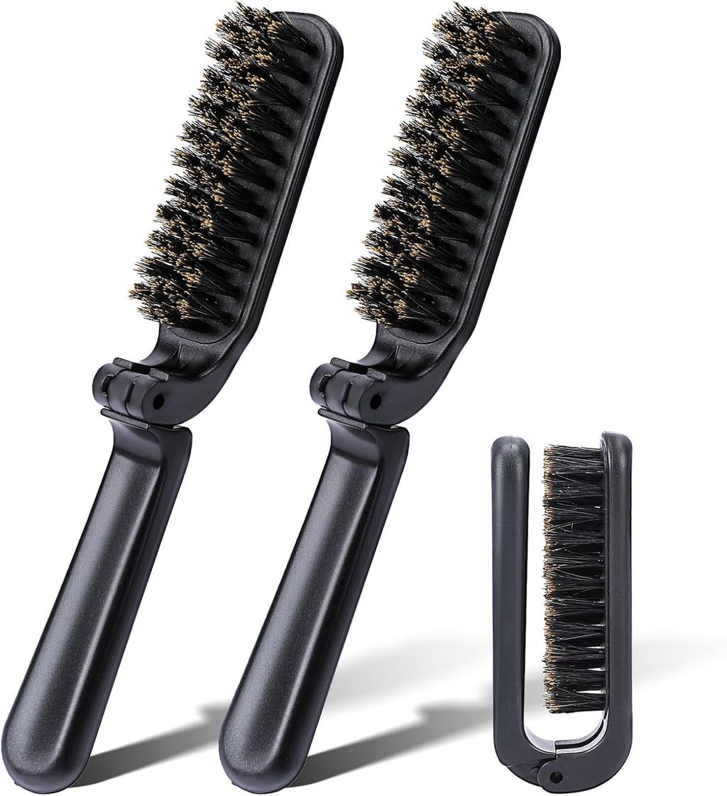 2 Pcs Travel Folding Boar Bristles Hair Brush, Collapsable Pocket Anti-Static Range Mini Beard and Hair Styling Tool for Women and Men (Black)