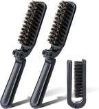 2 Pcs Travel Folding Boar Bristles Hair Brush, Collapsable Pocket Anti-Static Range Mini Beard and Hair Styling Tool for Women and Men (Black)