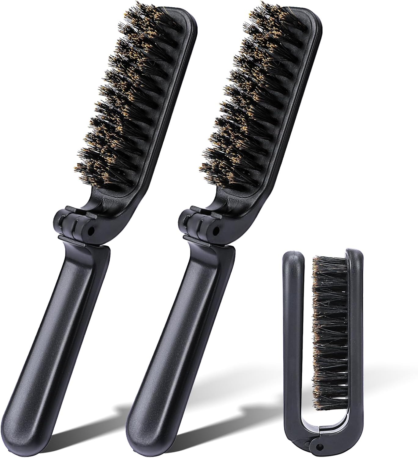 2 Pcs Travel Folding Boar Bristles Hair Brush, Collapsable Pocket Anti-Static Range Mini Beard and Hair Styling Tool for Women and Men (Black)