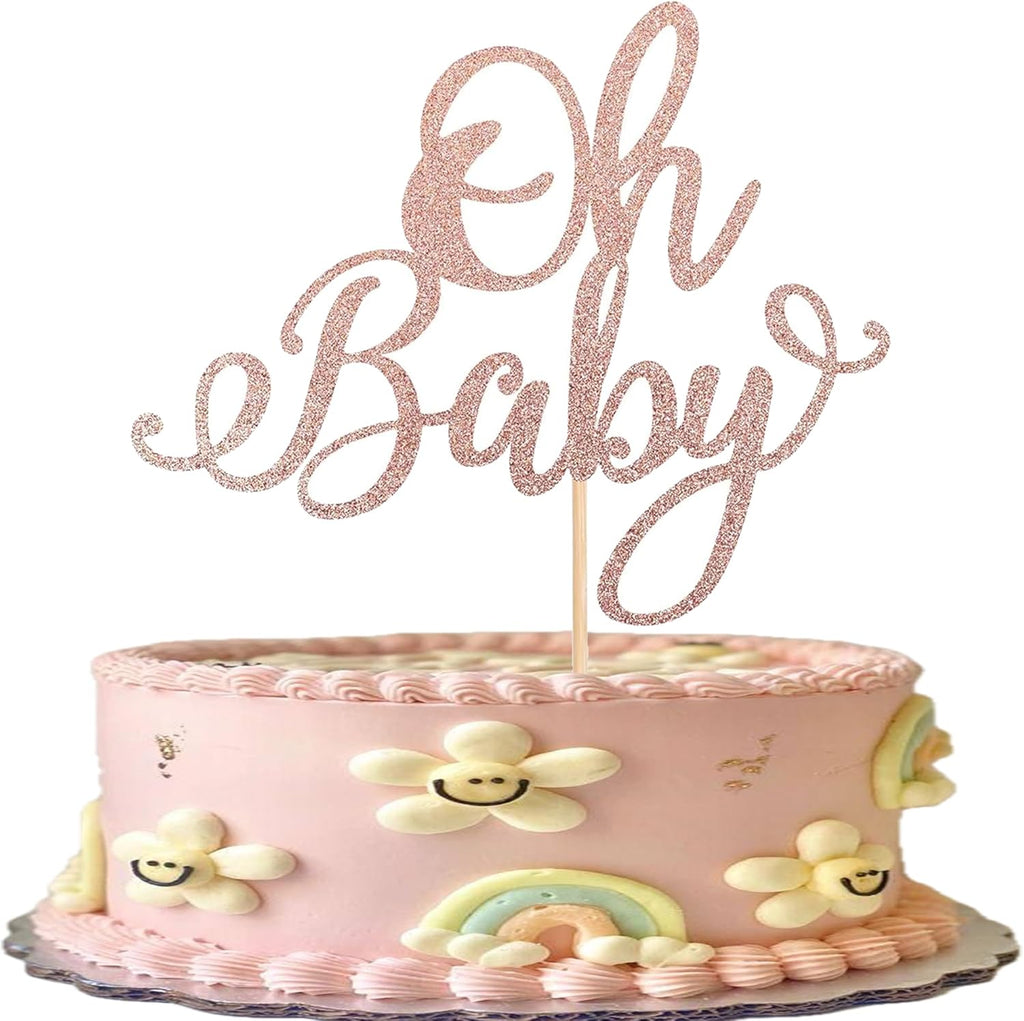Rsstarxi 1 Pack Oh Baby Cake Topper Rose Gold Glitter Baby Shower Cake Pick Decorations for New Baby Gender Reveal Kids Birthday Party Supplies