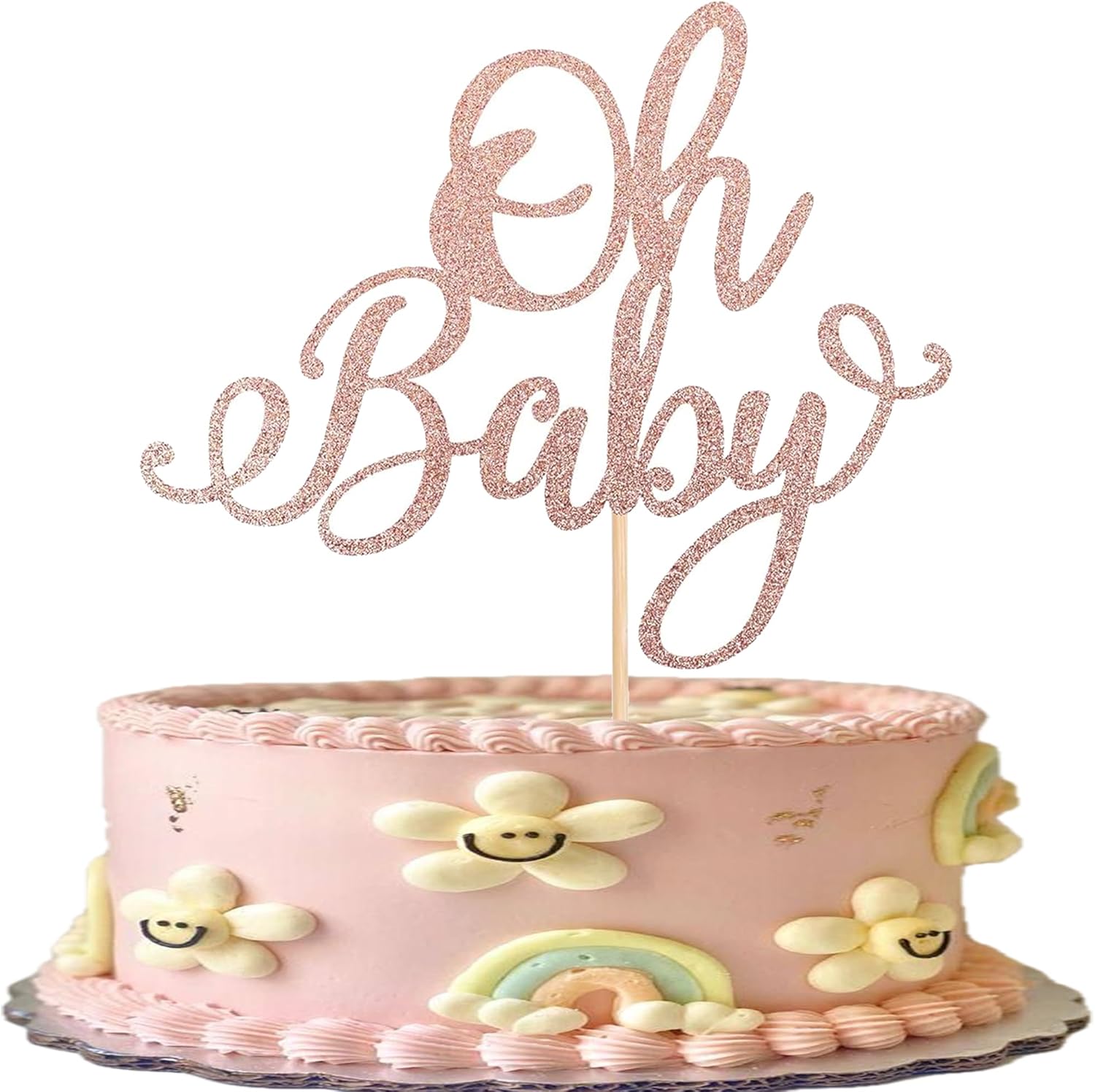 Rsstarxi 1 Pack Oh Baby Cake Topper Rose Gold Glitter Baby Shower Cake Pick Decorations for New Baby Gender Reveal Kids Birthday Party Supplies